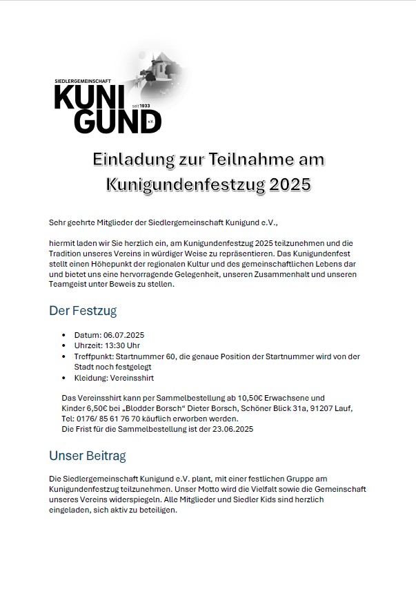 Einladung zur Teilnahme am Kunigundenfestzug 2025